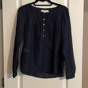 LOFT Womens Peasant Top Blouse Size XS Pleated Navy Blue Sheer Henley